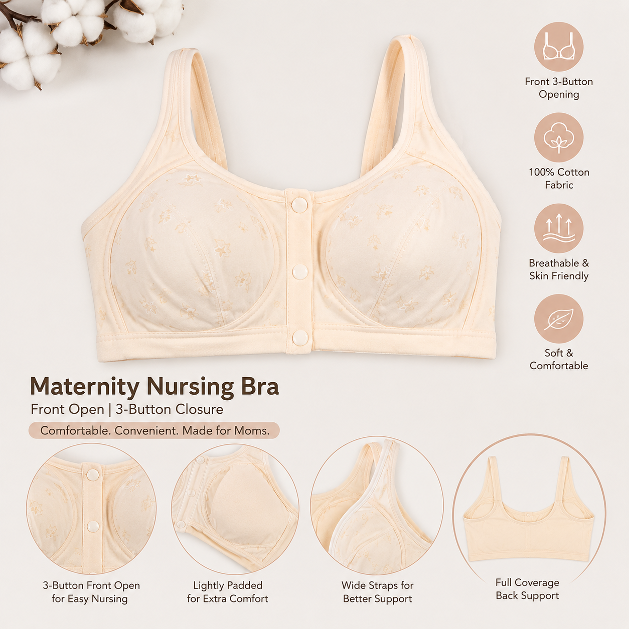 3 Button Front Opening Cotton Maternity Nursing Bra Breast Feeding Non Padded Cotton Material Wireless Front Closure Bra - Random Color