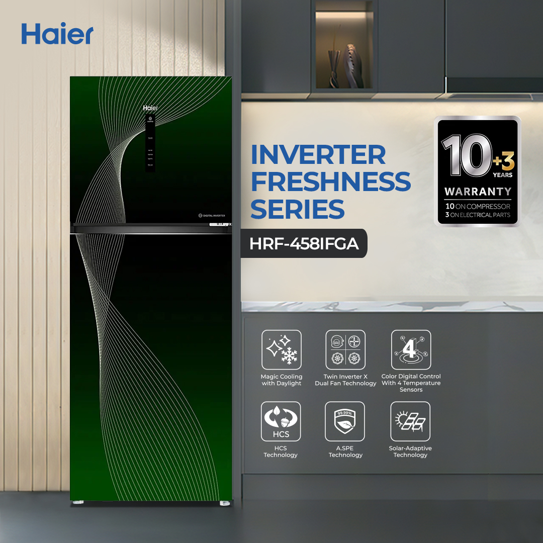 Haier 16 Cu Ft - Digital Inverter - HRF-458IFGA ( Fresher & HCS Technology + Digital Control Panel + Turbo Fan + 4 Temperature Sensors + ABT Technology + Inverter Compressor + Glass Door) Green Colour