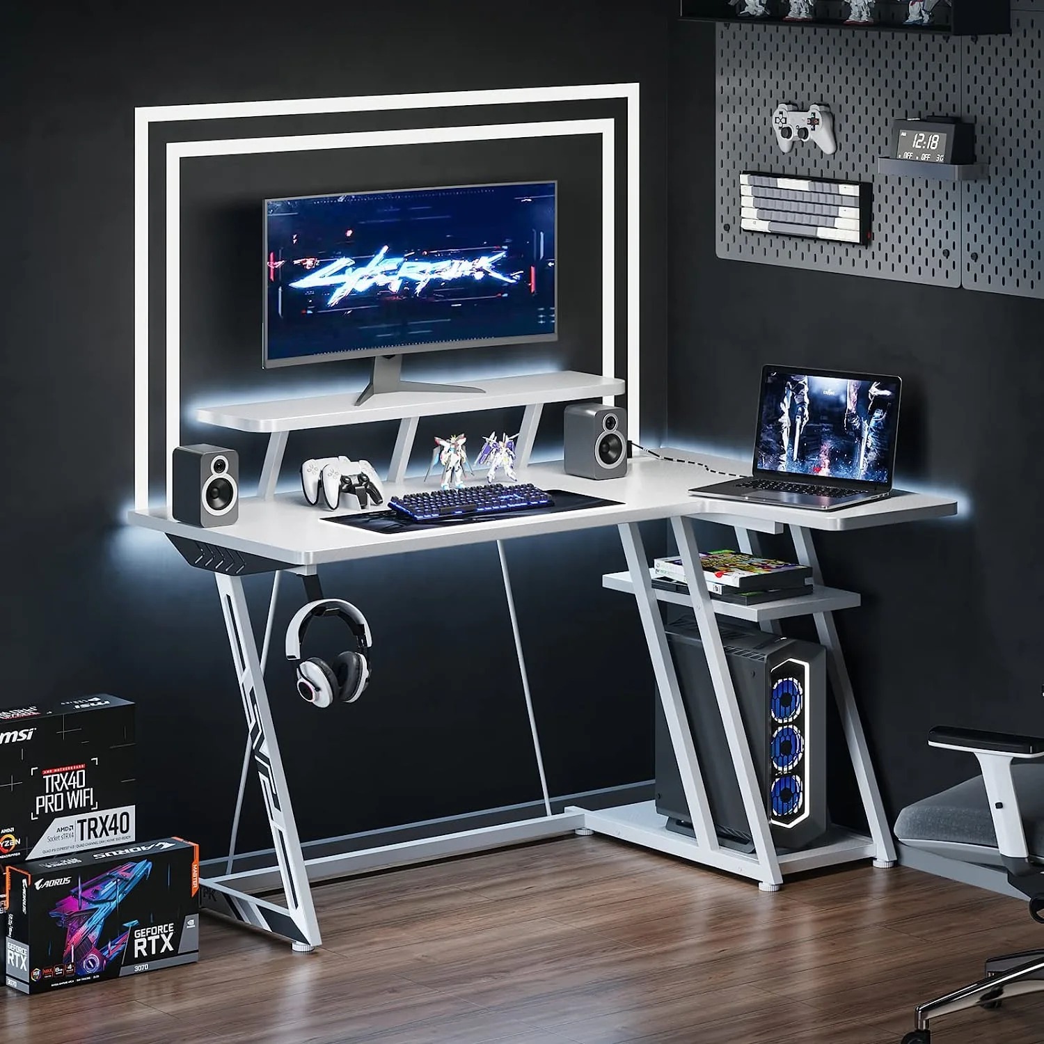 48 Inch LShaped Gaming Desk, Smooth Surface& Power Outlets Black