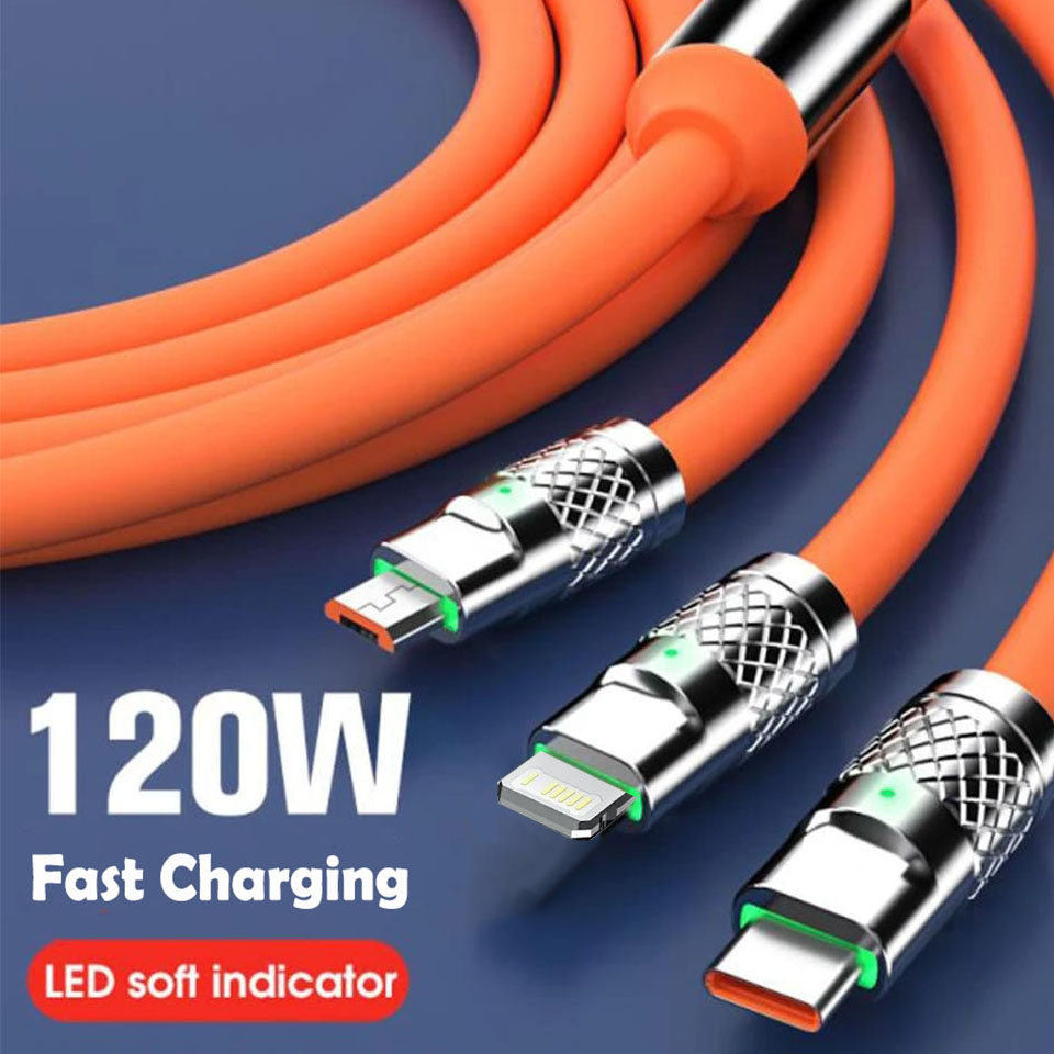 3 in 1 120W Type C Micro USB iOS Data Cable Fast Charging Liquid Silicon Universal for All Smartphones 1.2m