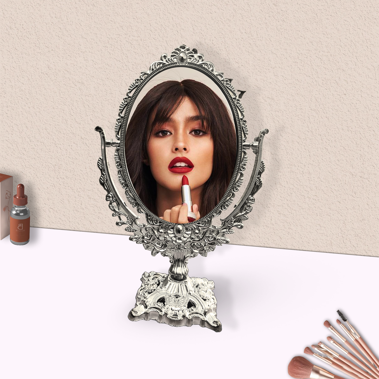 Retro makeup beauty mirror in the European style, Beautiful selfie mirror for girl with a circle shape, Dressing mirror 28cm hight for dorm bedroom mirror