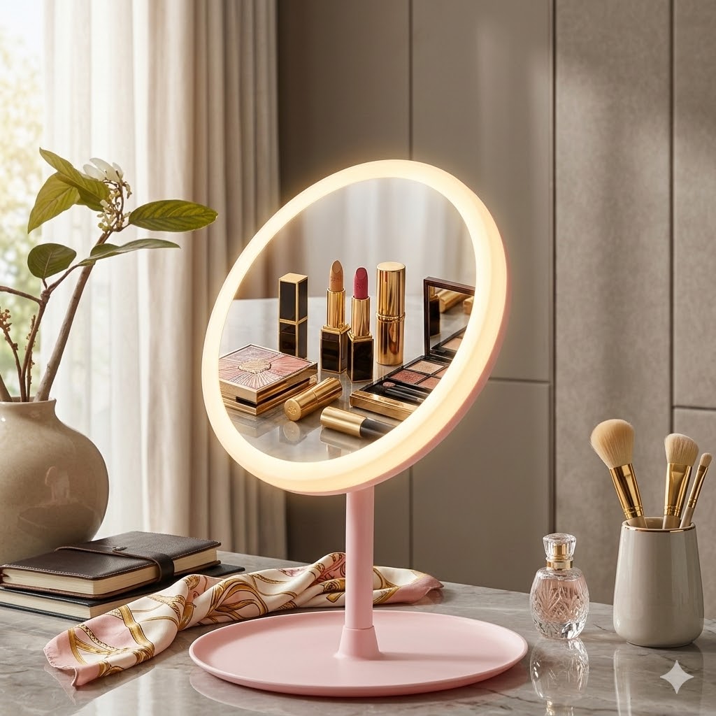 Portable LED Makeup Mirror With Light, Touch Sensor, Natural Daylight, Rechargeable Variant, 90° Rotating Vanity Mirror, Tabletop Vanity Mirror, Vanity Mirror With Light