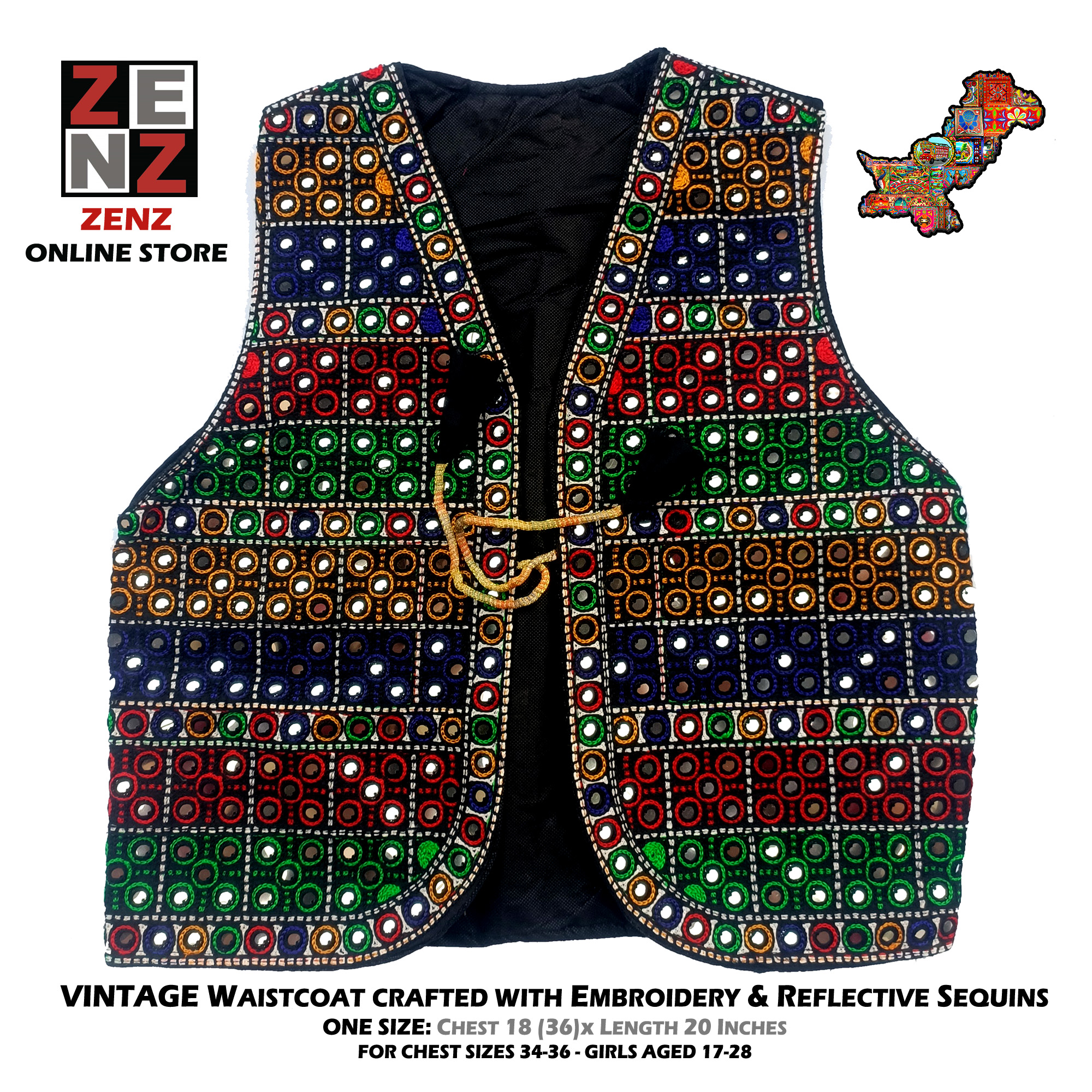 Pakistani Sindhi Balochi Pathan Kashmiri Traditional & Cultural Wear Waistcoat Koti Aari Embroidered Multicolor by ZENZ