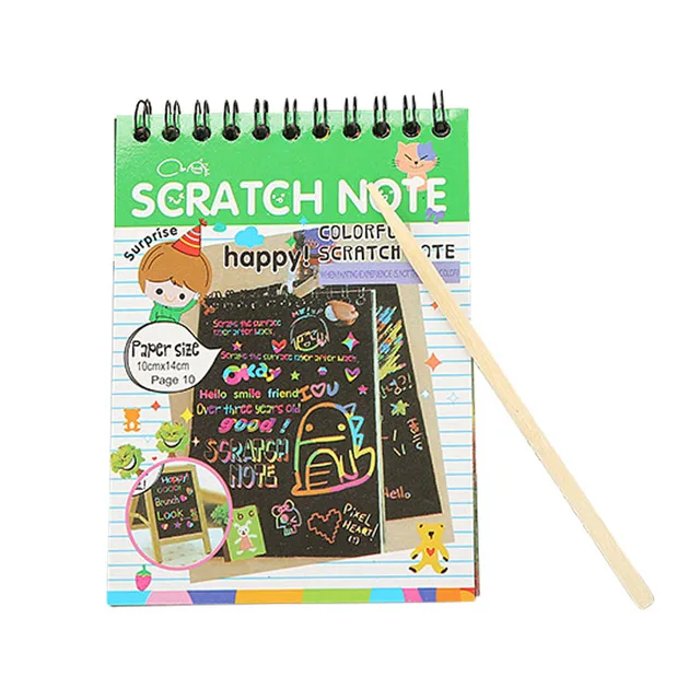 Magic Color Rainbow Scratch Paper Note Book Scraping Painting Black DIY Drawing Toys Kid Doodle Novelty Pad Graffiti Cardboard Kids Children Toy School Supplies with wooden Stick size 10 cm x 14 cm 10 Sheet