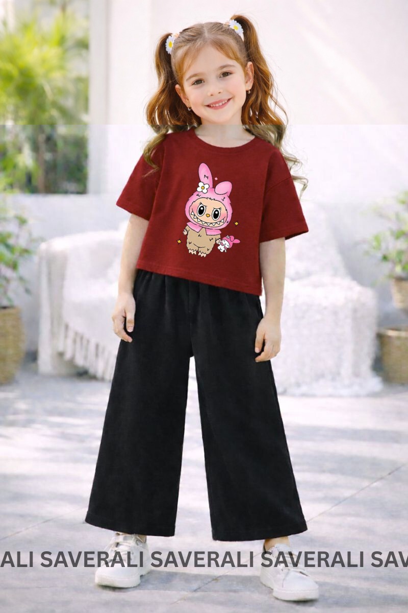 Eid Collection Kids Girls Labubu Printed T-Shirt & Flapper Suit | Soft Cotton | Cute & Comfortable | Ages 3–10 Years