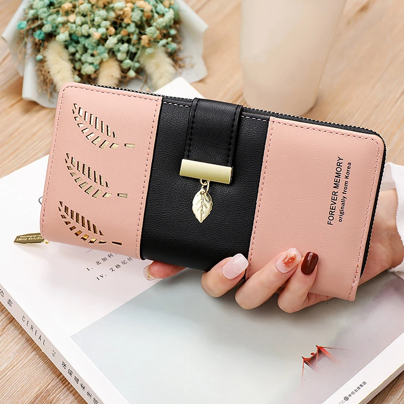 Hollow Leaves PU Leather Women's Long Wallet Fashion Female Coin Purses Hasp Zipper Hand Clutch for Women