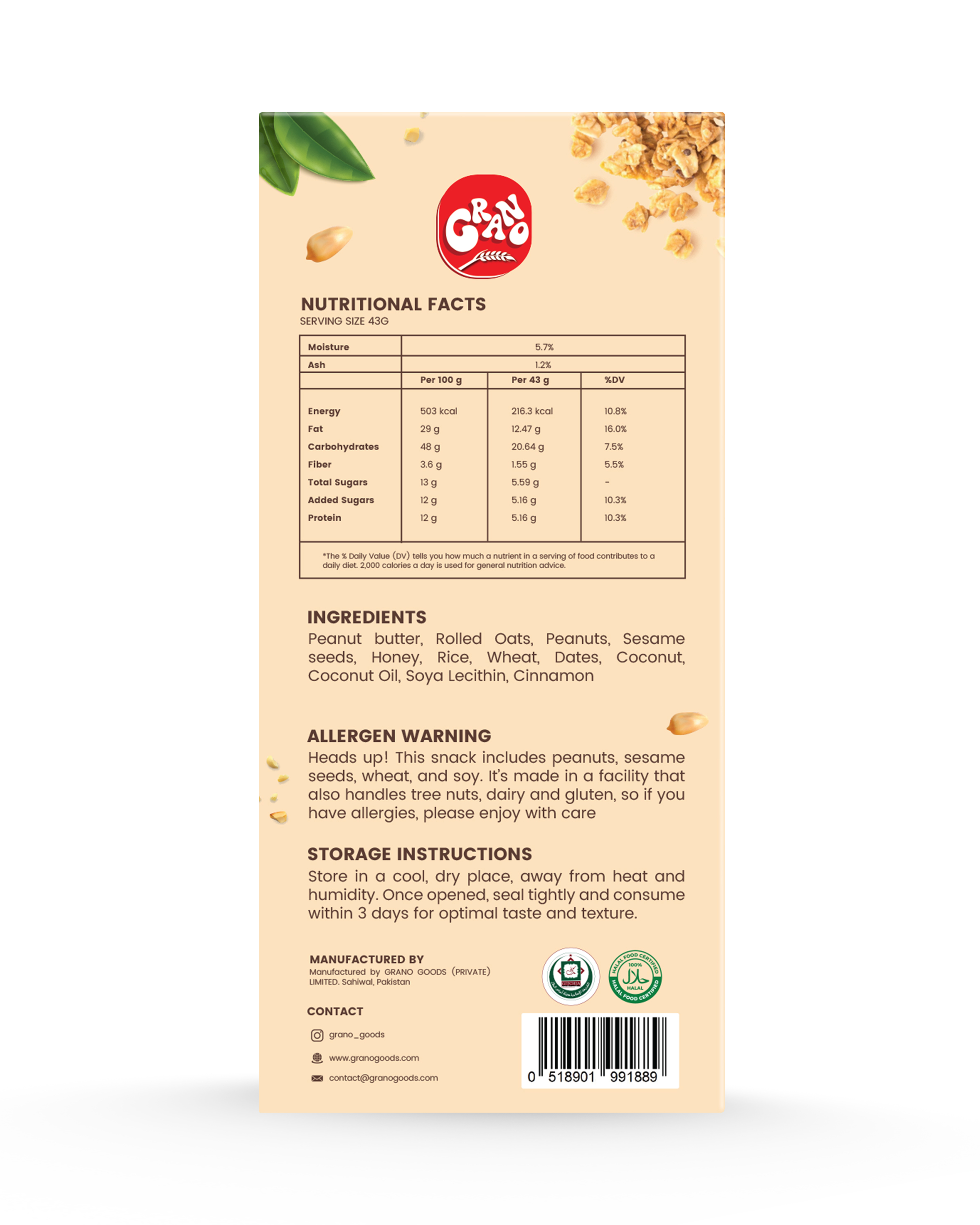 Grano Granola Bar with Peanut Butter – Oats, Protein & Crunchy Goodness for Natural Energy Anytime