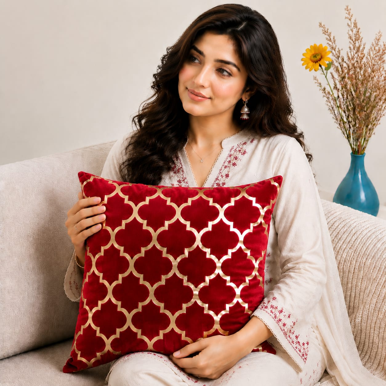 Elegant Geometric Pattern Velvet Cushion Cover 16x16 Inch Home Decor