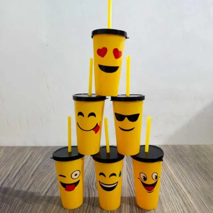 Straw Water Bottle Yellow smiley face happy smiling cartoon 60s jolly  cheerful