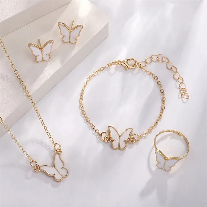 1Set Fashion Exquisite Simple Versatile Butterfly Necklace Bracelet Earrings Ring For Women Girls Wedding Party Jewelry Set