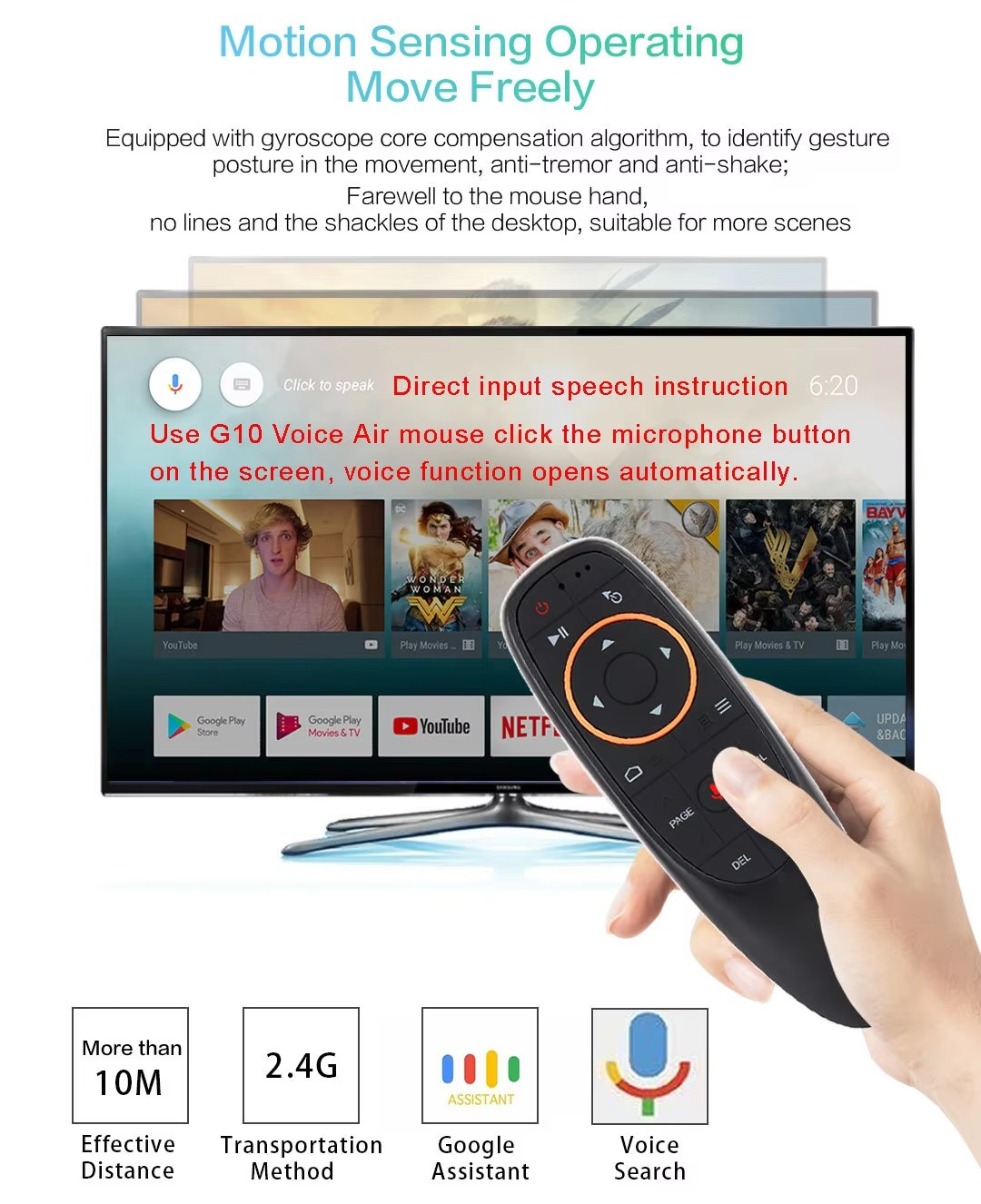 G10S Air Mouse Remote with Gyroscope | 2.4G Wireless Voice Control Remote for Android TV Box, Smart TV, PC & Projector | Motion Sensor, USB Receiver