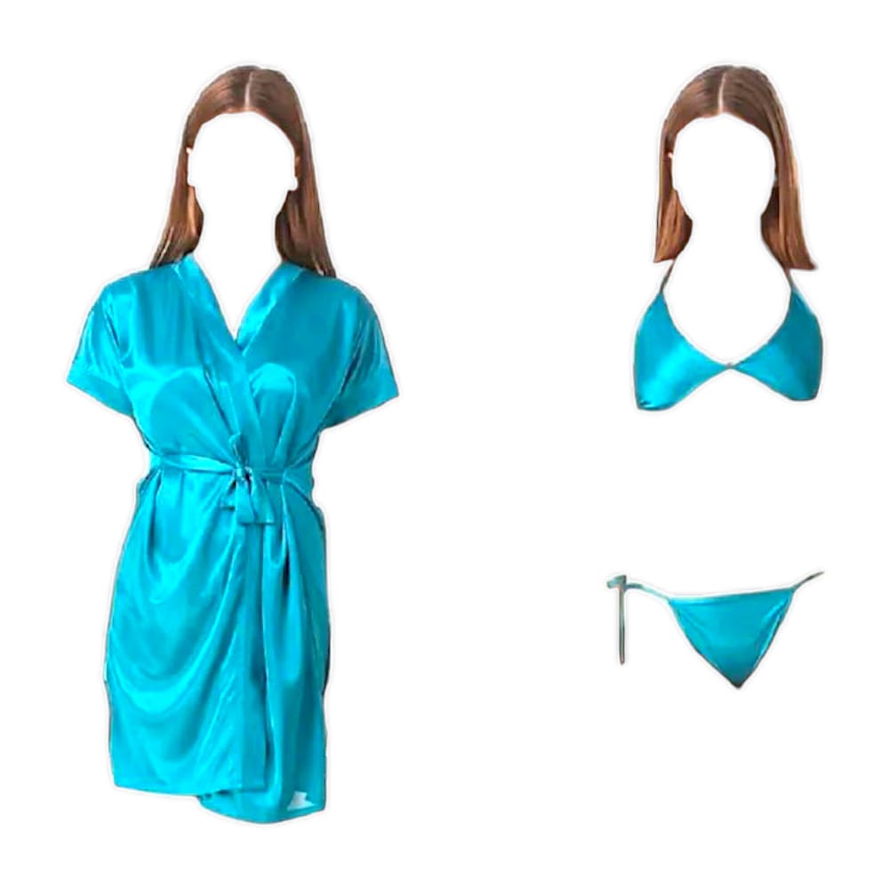 SW SILK WEAR- Women 3 Piece Nighty Sleepwear Silk Satin night dress Lingerie Set With Robe and Short Gown Bridal for Ladies and Girls for Night Wear and Parties Full Black Body Stocking for Free Bra BI-015