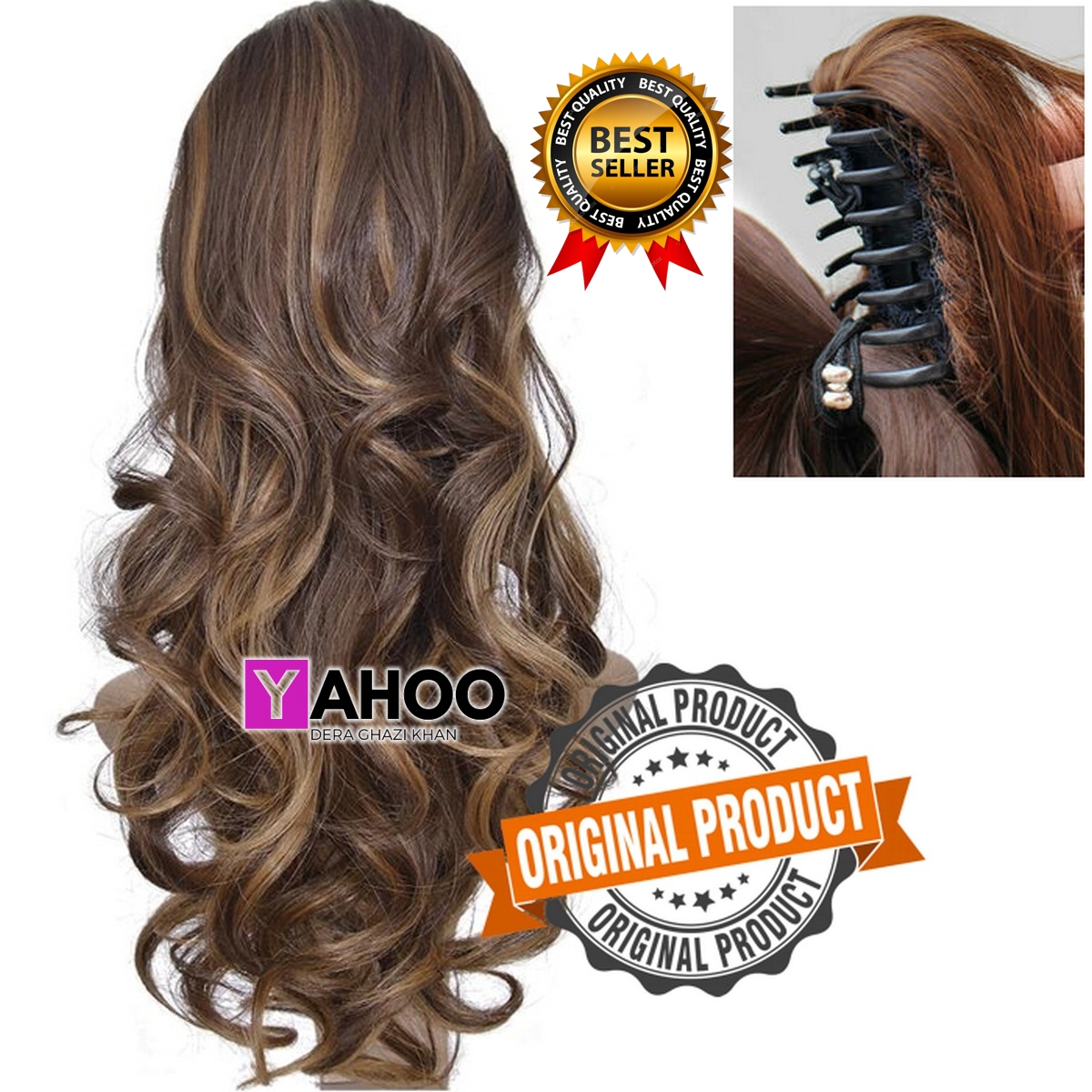Hair Extension Brown With Golden highlights Synthetic Hair Claw Clip - Golden Brown Streaking