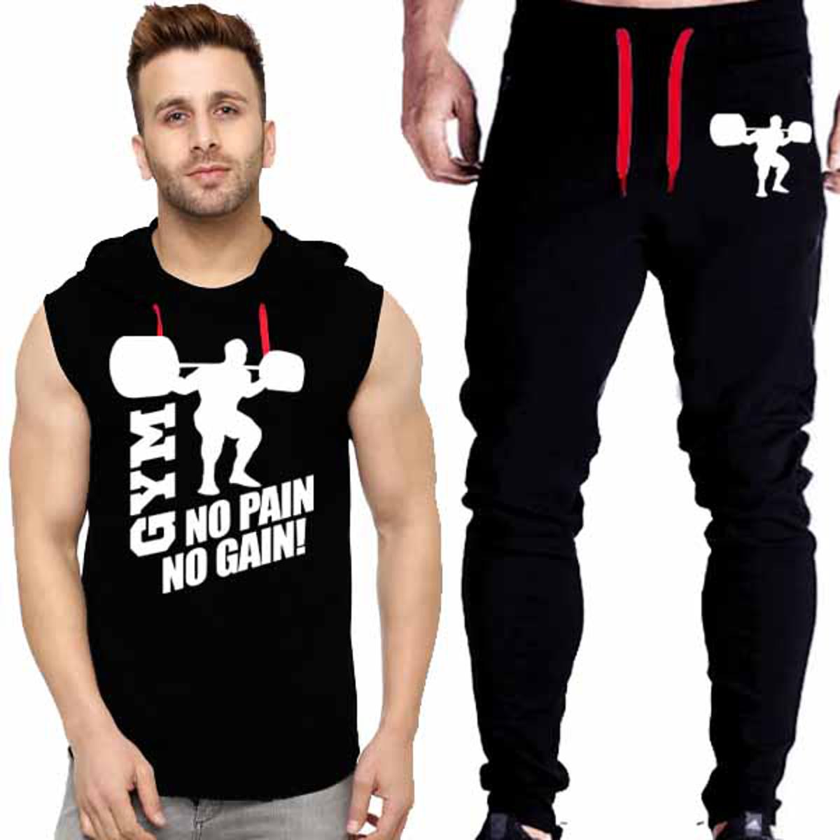 Black No Pain No Gain Gym Printed Summer Hooded Sleeveless Tracksuit for Mens (Hooded Tshirt + Trouser )