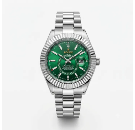 M.Minhas Premium Luxury Style Quartz Watch for Men - Silver Stainless Steel Chain Metallic Fluted Bezel Analogue Wrist Watch with Trending Green Dial & Date Display