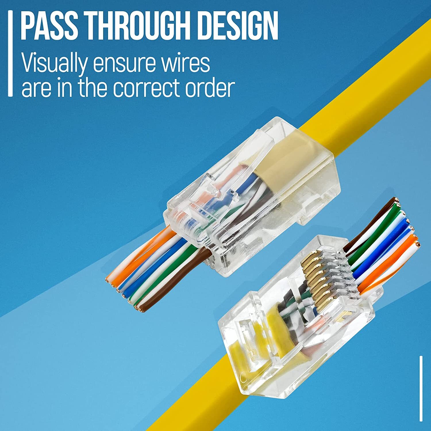 RJ45 Pass Through Connectors - Easy to Crimp Modular Plug for Solid or Stranded UTP Network Cable | Male Ethernet Connector End