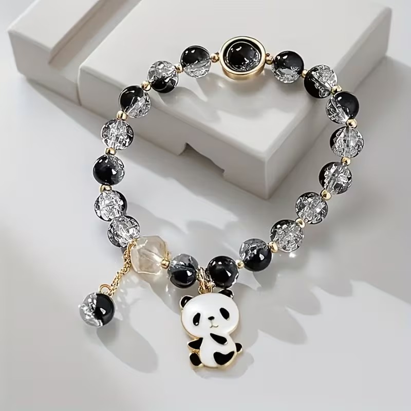 BRIGHT MART,S Black and White Flower Quartz Panda Bracelet | Boho Style, Durable Material, Suitable for Birthday, Valentine'S Day, Holiday Gifts