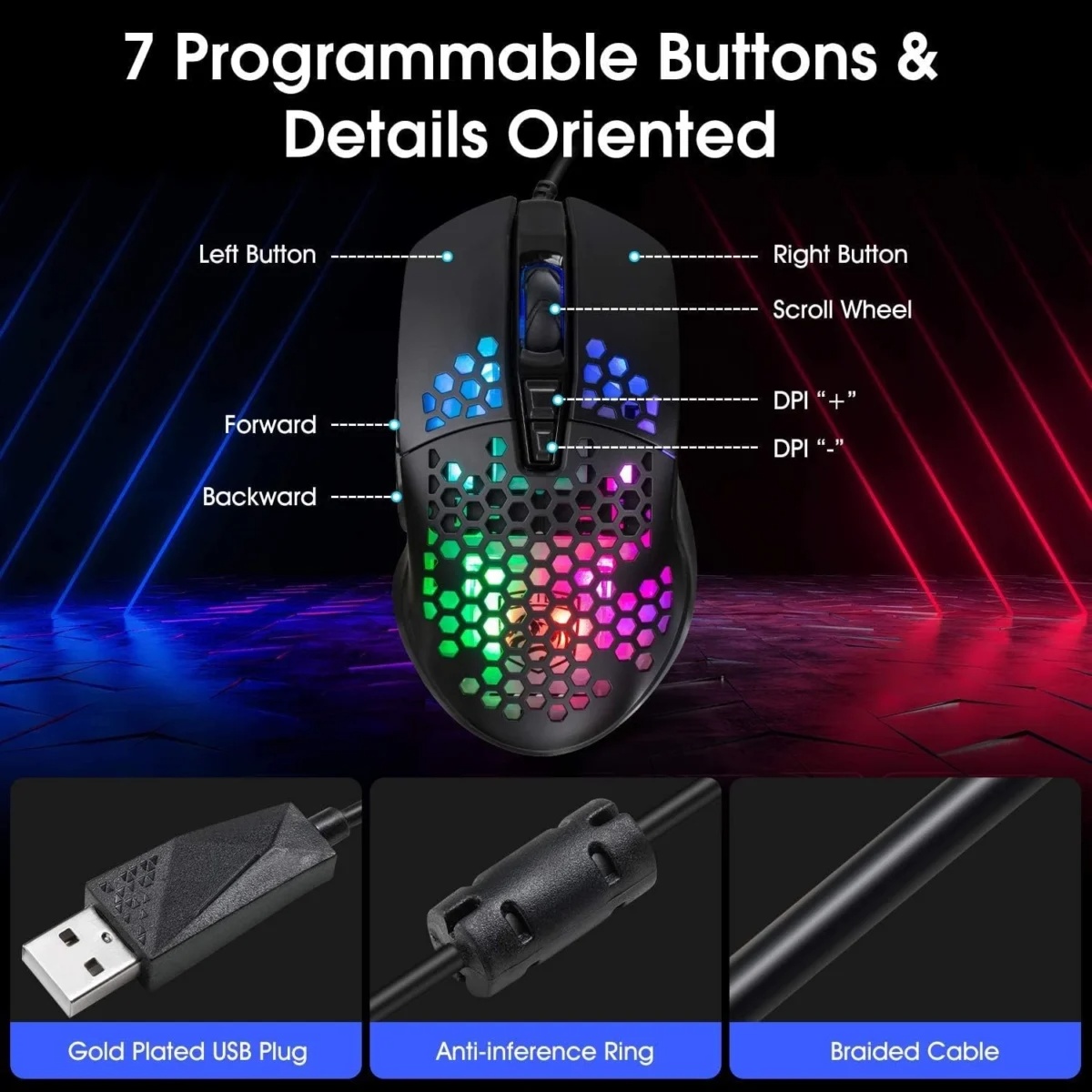 ➤ BENGOO - RGB Honeycomb Gaming Mouse USB Wired 6400 DPI | Ultra Lightweight 7 Programmable Buttons Optical Mouse | Software Macro Driver 16.8M Color Backlit Mesh Gaming Mouse for PC Laptop Desktop Gaming Streamers – Unique Mall