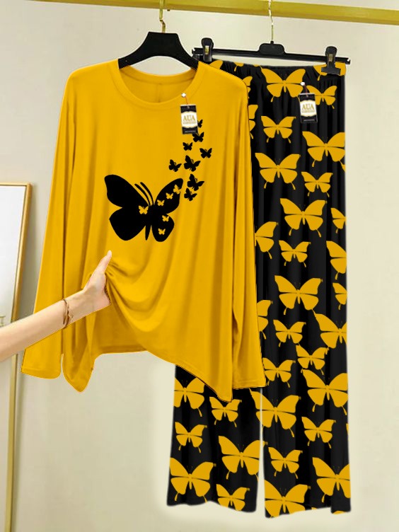 flying butterfly Printed Nightwear Set With Black Butterfly Printed Trousers – Women's Lounge Wear (007)
