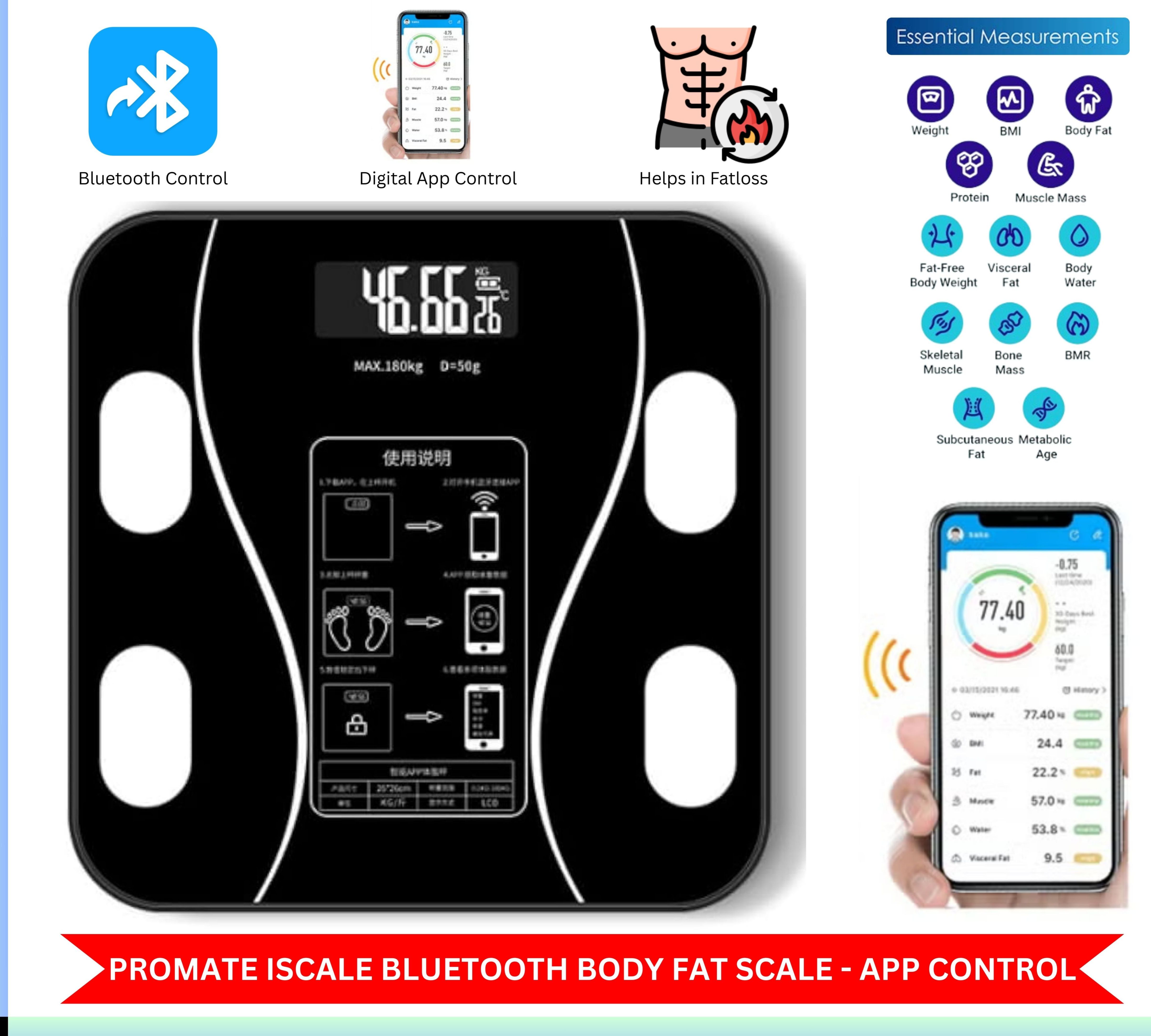 Digital Body Weight Scale – Electronic Bathroom Weighing Machine 180kg Capacity, LCD Display Precision Accurate Personal Health Fitness Scale, Slim Portable Battery Operated