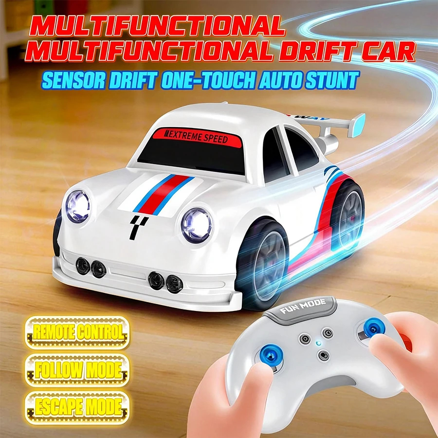 KIDDO KASTLE - New 2.4GHz Remote Control Drift Car | 2.4G Mini Smart Sensor RC Drift Car Dual Modes Toy | Rechargeable Mini 4X4 RC Car With Gesture Control, Remote Control Follow & Escape Modes One Key 360° DEMO Stunt With LED Lights Music Kids Gift