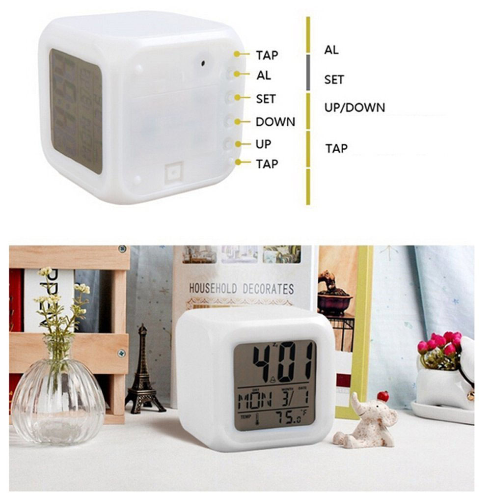 Digital Table Alarm Clock 7 Lights Color Changing Big Size All In One Alarm Time Temperature & Calendar Digital Display Battery Operated Glowing LED Table Alarm Clock