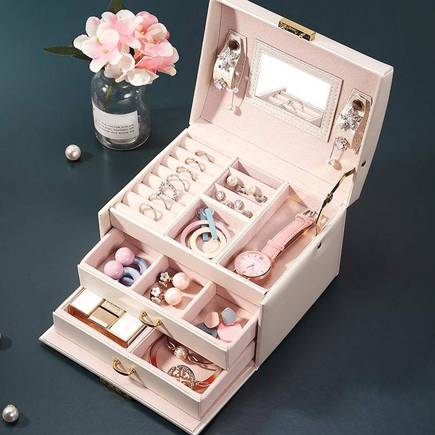 Layer Women's Jewelry Box Organizer with Mirror Lock