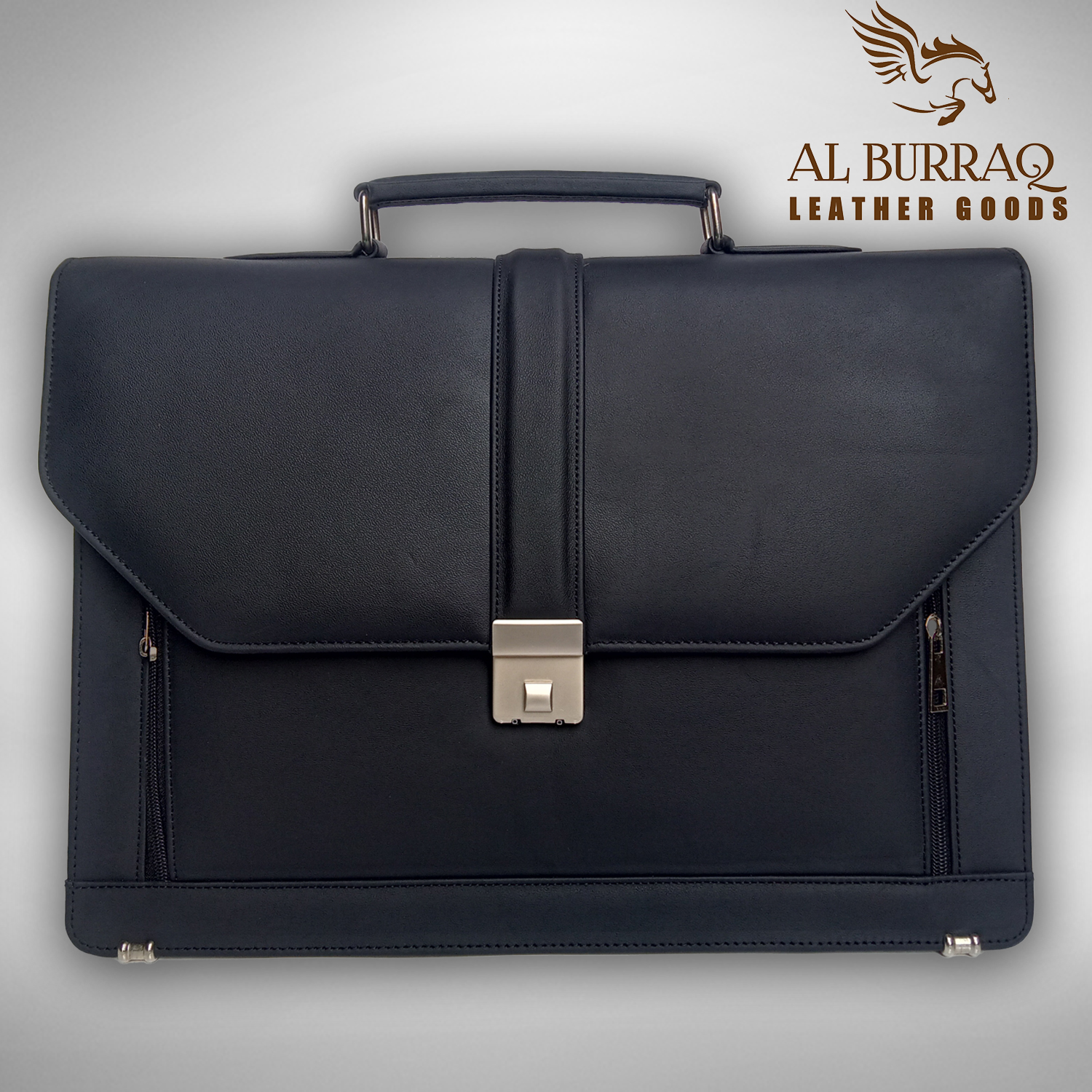 Black Leather Laptop Bag - Single Zipper Compartment