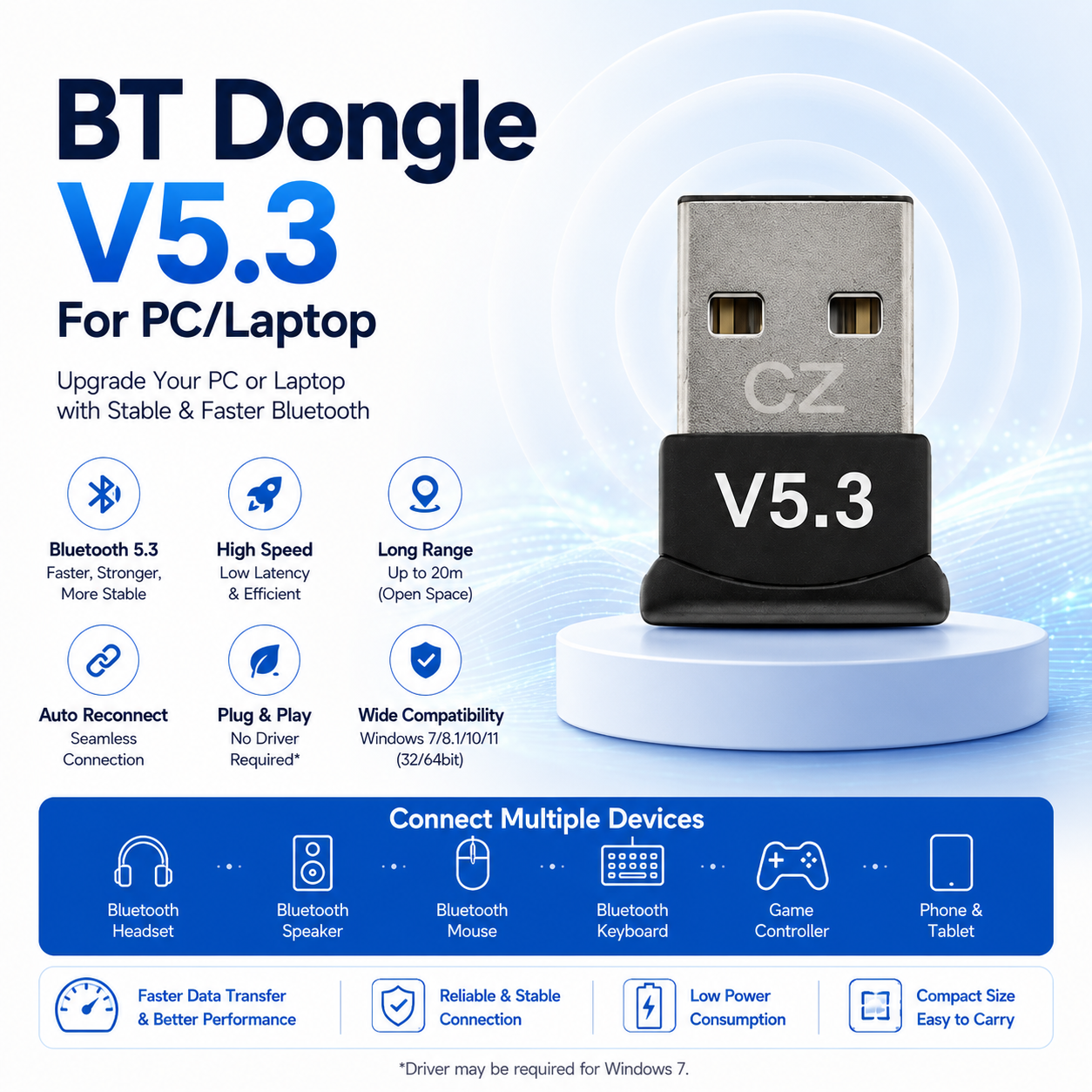 MIni Usb Bluetooth Dongle v5.3 - Bluetooth 5.3 Adapter For PC / Laptop without CD of Driver