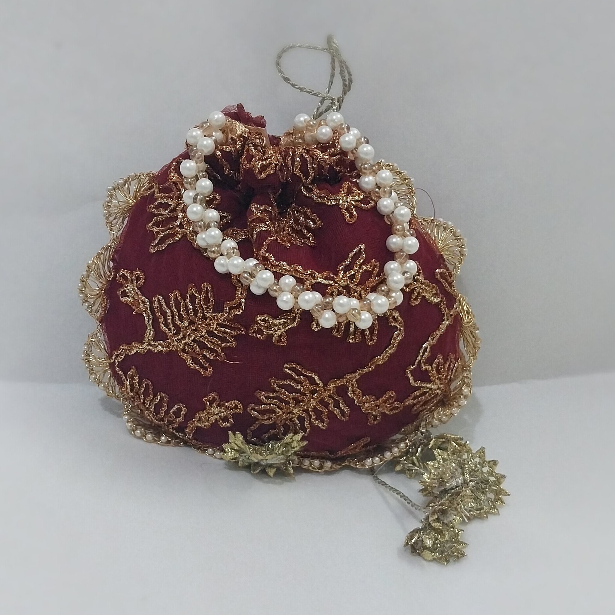 Embroidered Potli Clutch Bag with Pearl Handle for Party Wear