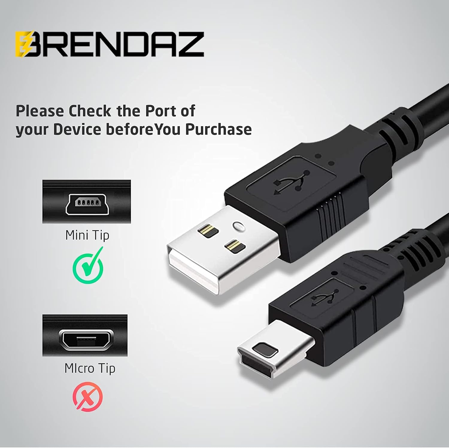 BRENDAZ Mini USB Cable, 3 Metre) Type A Male to Mini B USB Data Charging Cord Compatible with Camera,  DashCam,, HERO, Garmin GPS, PS3 Controller, etc