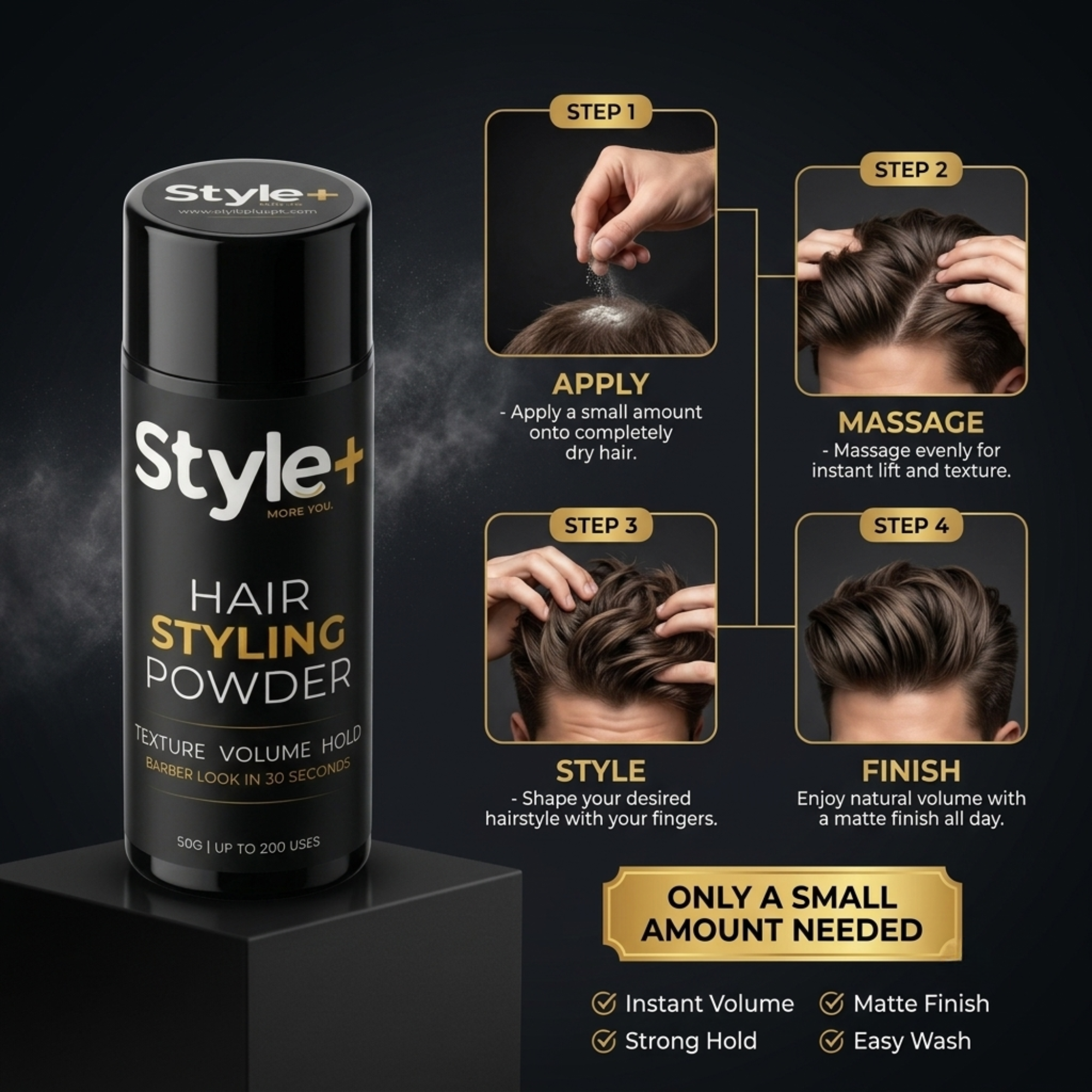 Style+ Hair Styling Powder 50g - Instant Volume, Matte Finish, Strong Hold, Hair Texture Powder - Up to 200 Uses