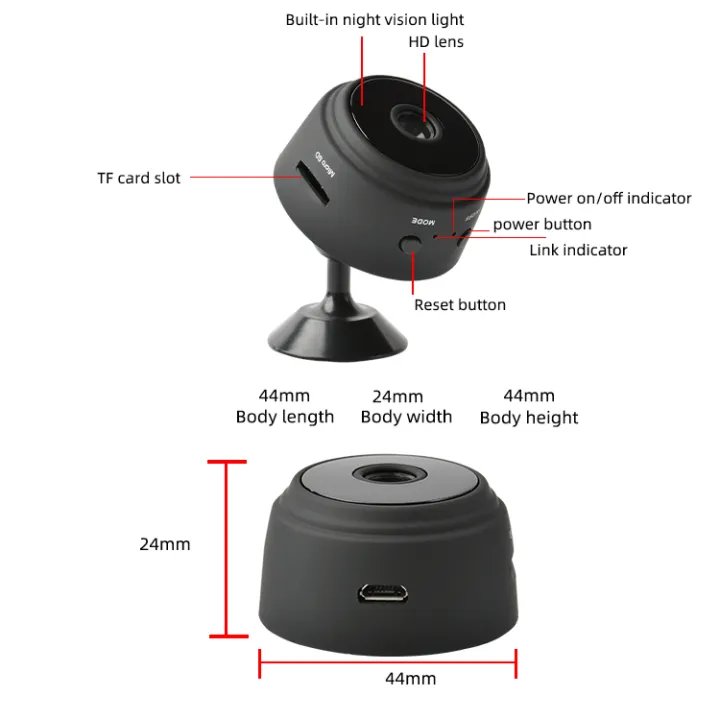 A9 Mini WiFi Camera HD 1080P | Rechargeable stand by only ( 2-3 hours ) Wireless Home Security Camera | Night Vision | Motion Detection | Magnetic 360° Camera | Mobile App Remote View | Voice Recording Supported