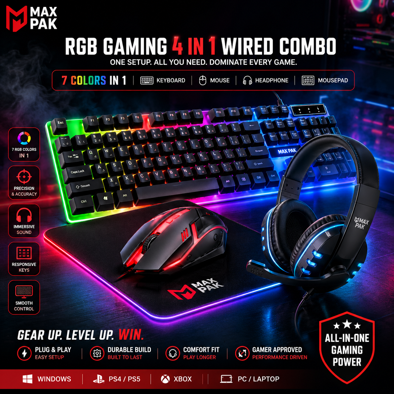 RGB Gaming Keyboard & Mouse & Headphone & Mousepad & Headphone Stand 4 in 1 Wired Combo - 7 RGB Colors In Combo - 4 Product USB Wired RGB Pack For Gaming - Compatible With PC & Laptop - Black