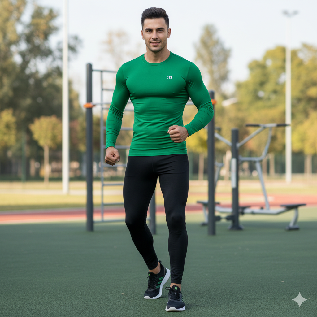 Branded Mens Compression Base Layer Top Long Sleeves Athletic Workout Forest Green