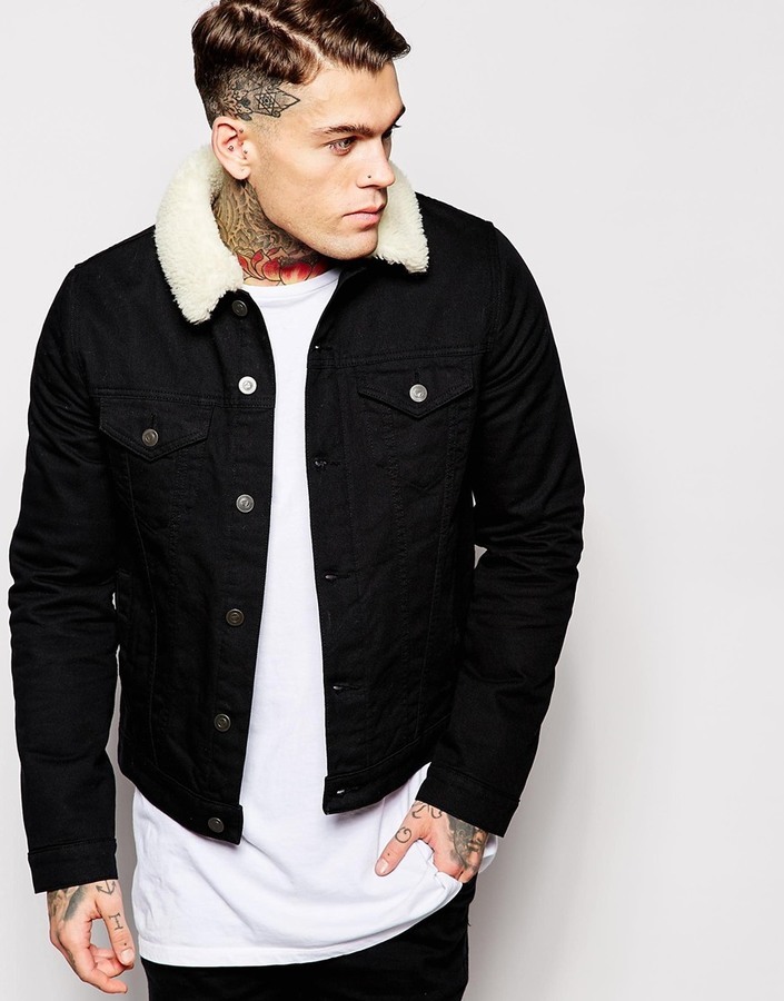 Black denim jacket with 2025 white fur collar mens