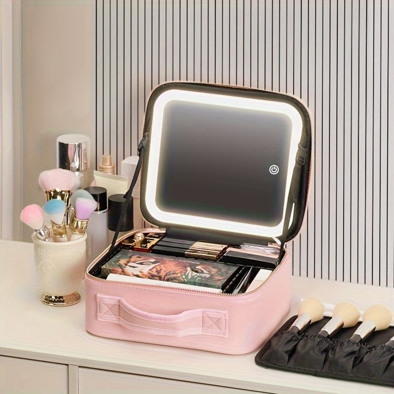 LED Makeup Mirror Pouch Cosmetic Storage Bag with Touch Sensor Mirror | 3 Color Light Modes | Adjustable Brightness | Travel Makeup Organizer Case