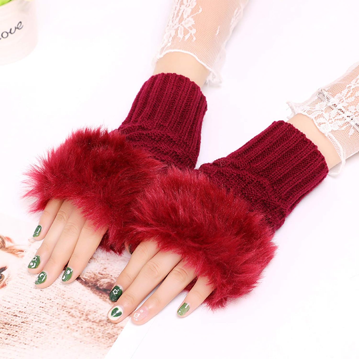 Fashion Women Faux Rabbit Fur Hand Wrist Warmer Winter Fingerless Knitted Gloves