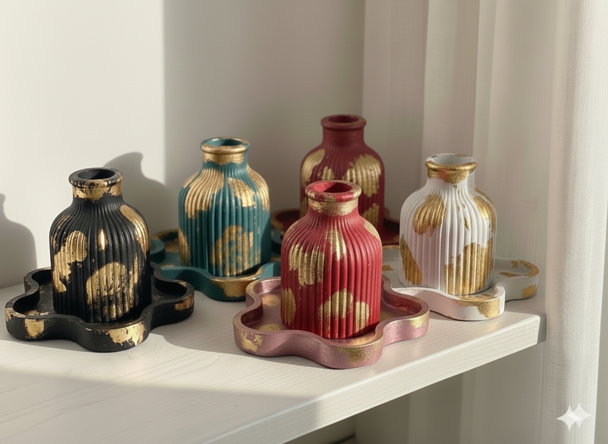 2 pc beautiful creative design vase ornament, used for small dry florals, holding diffuser reeds, or simply as a standalone decorative piece perfect for study table, shelf, workstation and living room, 4*3 in