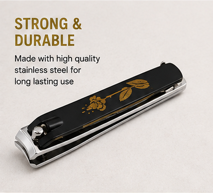 Stainless Steel Nail Clipper for Men Women, Premium Black & Gold Floral Design Nail Cutter with Sharp Cutting Edge, Strong Durable Construction, Comfortable Grip, Easy Manicure Pedicure Grooming Tool for Home and Travel Use