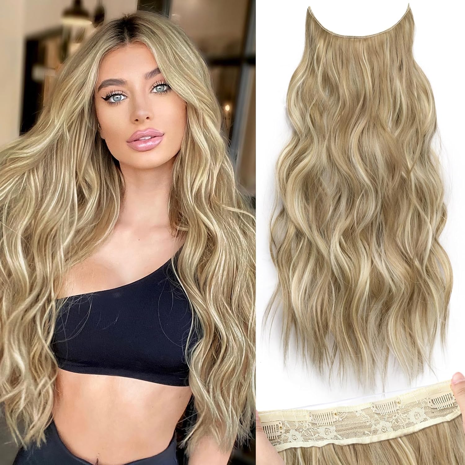 20 Inch Long Wavy Curly Hair Extensions for Women | Honey Blonde Mixed Light Brown & Black Synthetic Hair Extensions | Natural Looking Clip-In Hairpiece | Heat Resistant Hair Extension