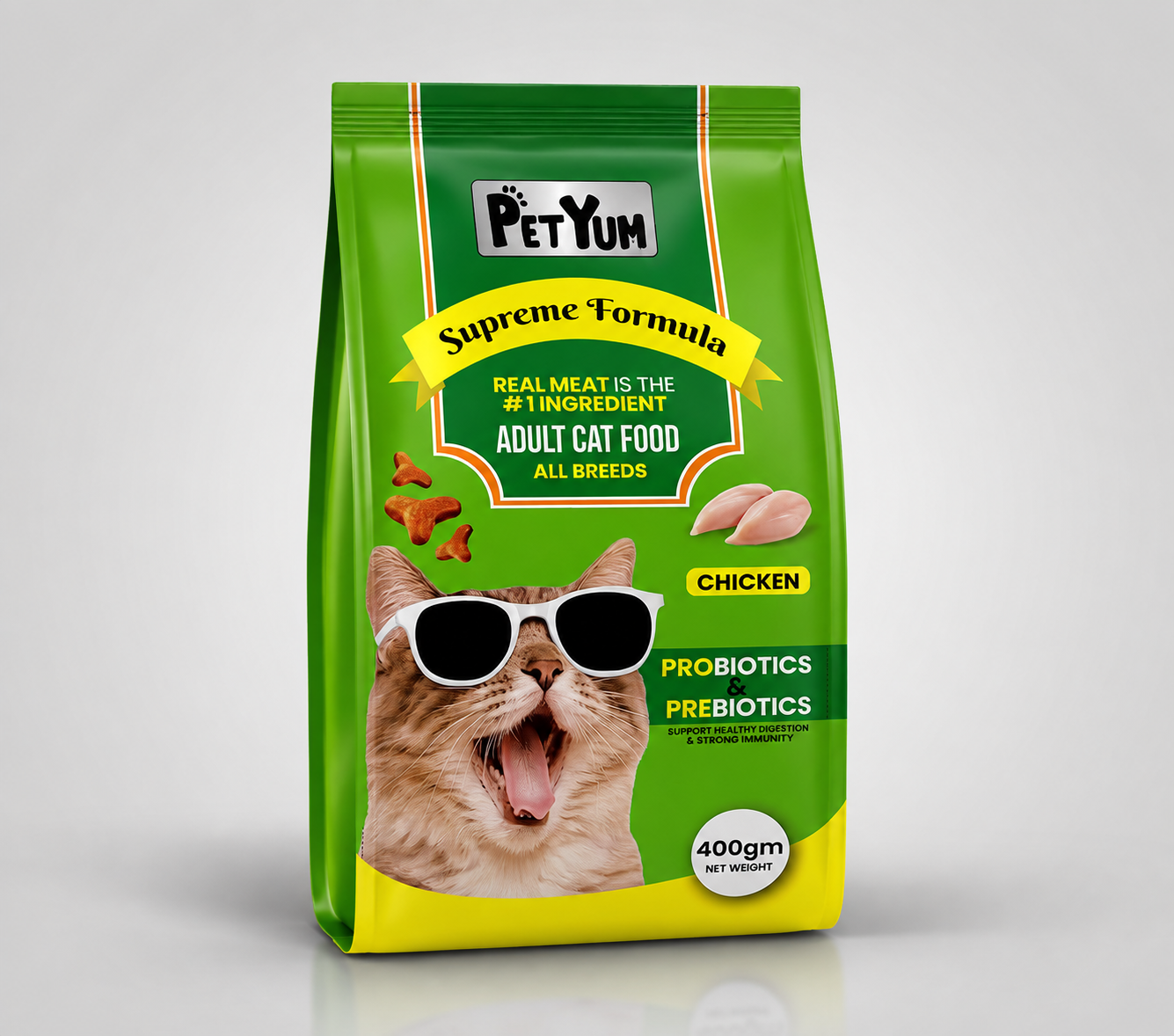 Petyum Supreme Formula Adult Cat Food Chicken 400g | Premium Dry Cat Food | Real Meat Cat Food | Probiotics & Prebiotics | High Protein Cat Kibble | Healthy All Breed Adult Cat Food | Complete Nutrition Pet Food Pakistan