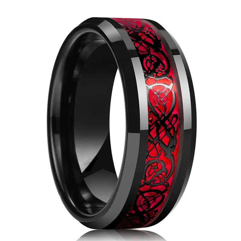 Stainless steel Ring Silver Red Blak Blue & Gold Color CZ Brushed Dragon Mens Engagement Wedding Bands