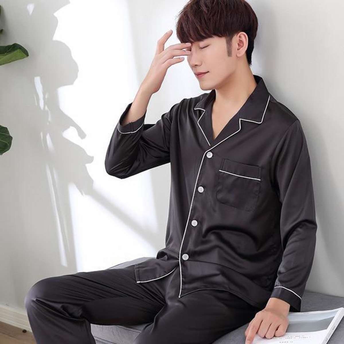 Black Mens Silk Satin Pajamas Set Night Dress with Shirt and