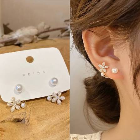 Pair Of Golden Zirconia Flower & Pearl Earrings For Girls Fashion Personality Korean Jewellery For Girls