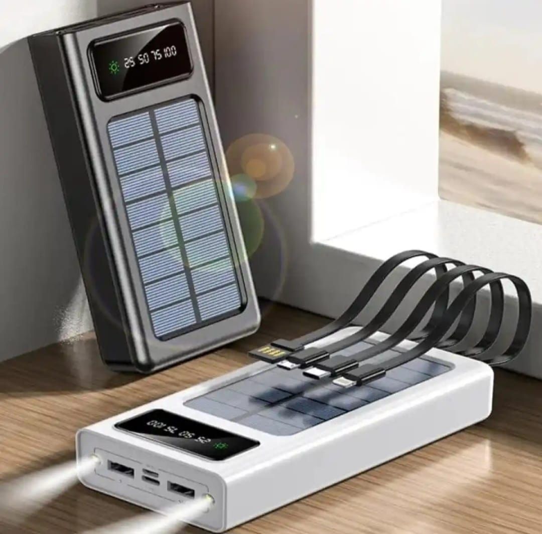 10000mAh Solar Power Bank Fast Charger - Universal Portable External Battery Pack With 4 Built-In Cables & LED Flashlight for All Phones