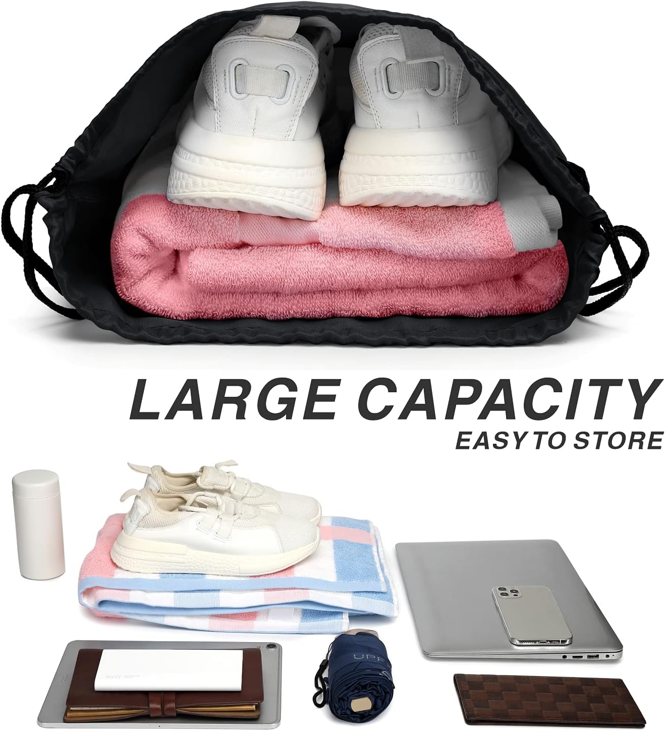 Travelling Accessories Drawstring Backpack Bag, Waterproof Draw String Back , Gym Drawstring Bags Swim Bag for Women Men - Black