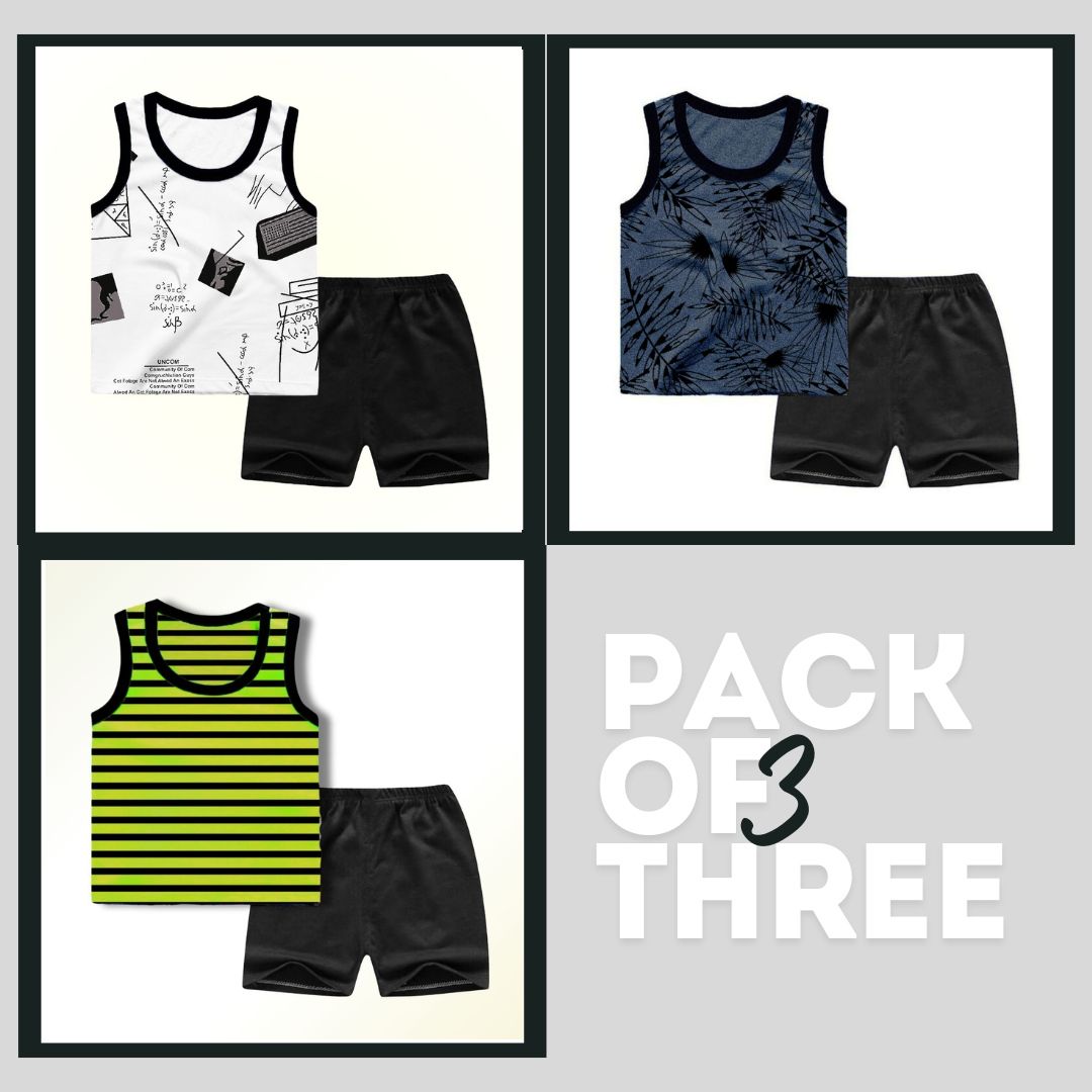 Ruku Garments Pack Of 3 Stylish Sandos & Shorts For Kids Clothing Set Best For Summer