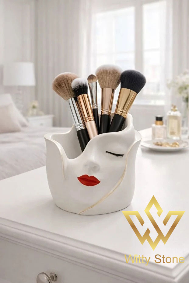 Woman's Face Pot Makeup Brush Holder Planter Flower or Candle Holder Decorative Ideas Ceramics Decor Table Decoration | Witty Stone