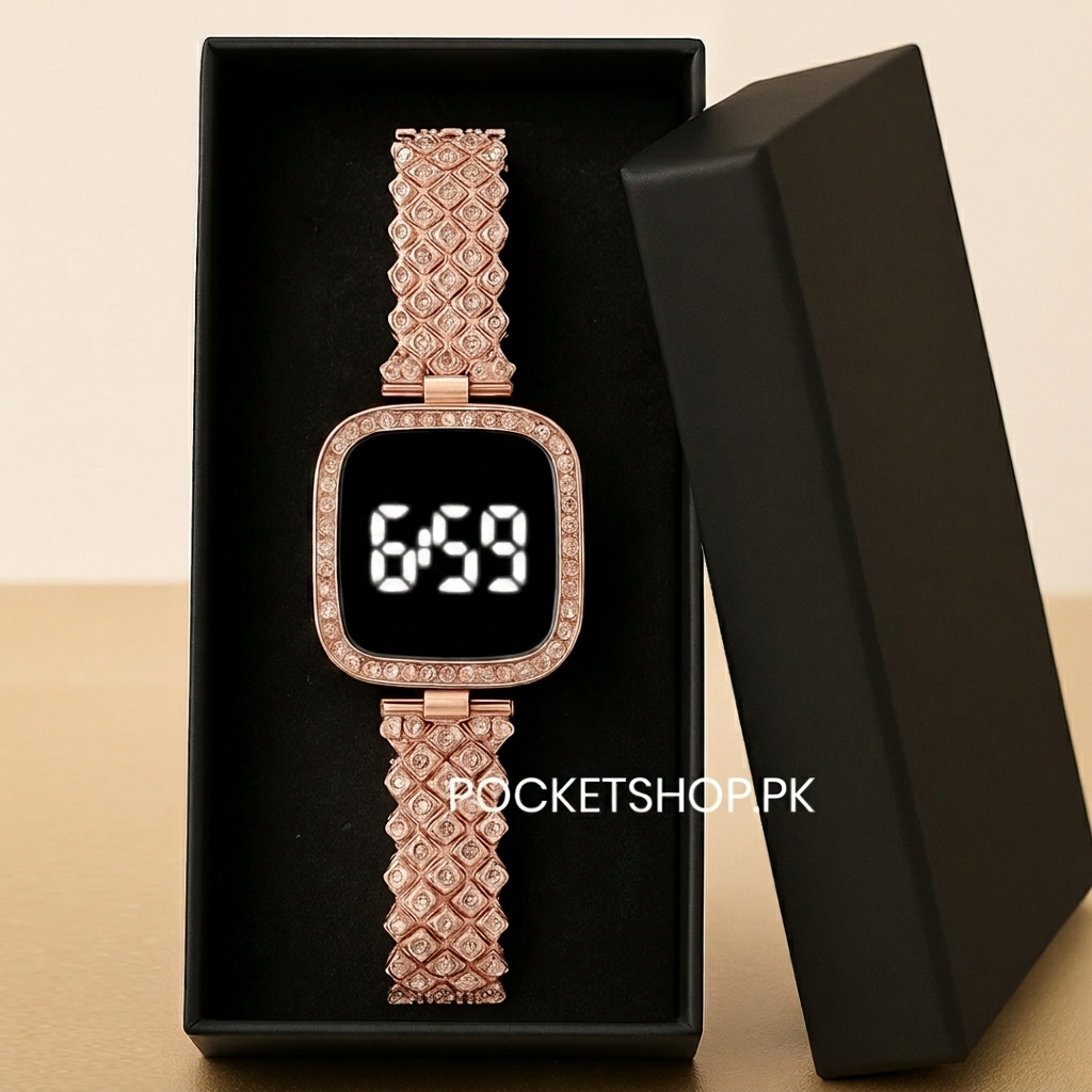 LED Touch Watch for Women – Decorative Crystals Studded Bracelet Chain Band | Fashionable Digital Watch for Girls with Elegant Design